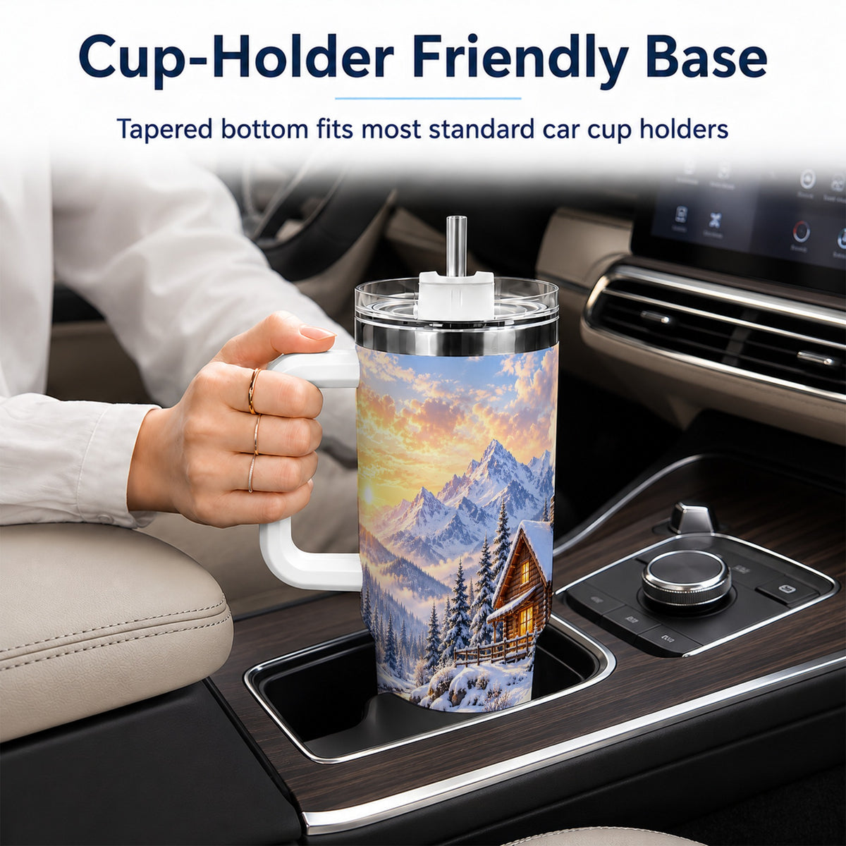 Snowy Cabin 40oz Tumbler with Handle, Mountain Winter Travel Cup