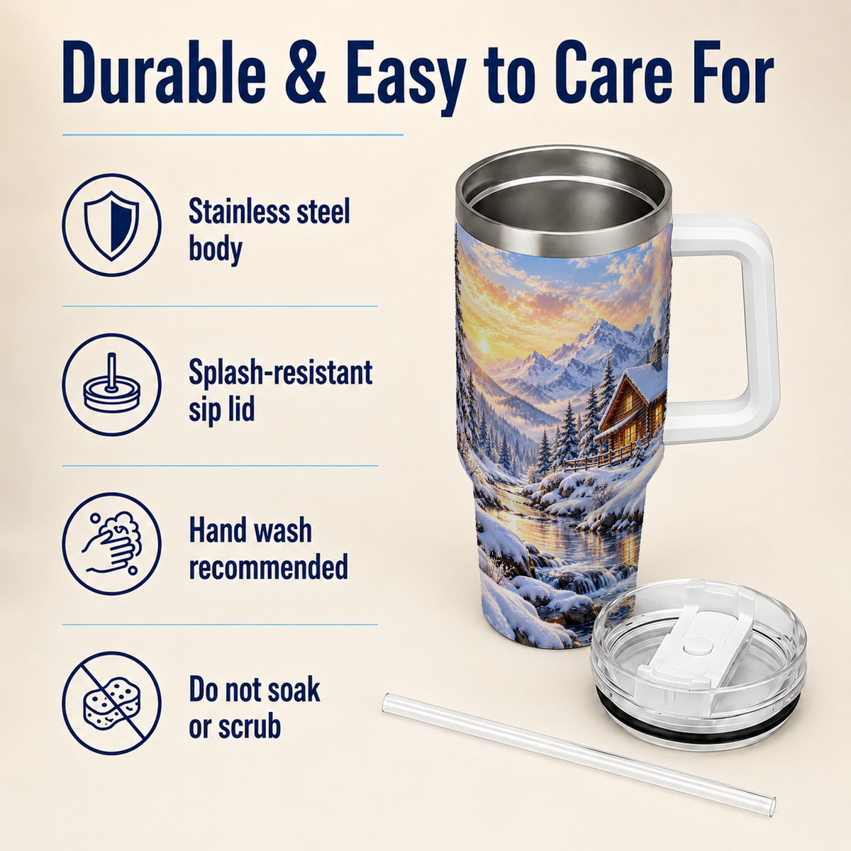 Snowy Cabin 40oz Tumbler with Handle, Mountain Winter Travel Cup