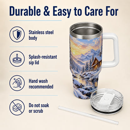Snowy Cabin 40oz Tumbler with Handle, Mountain Winter Travel Cup