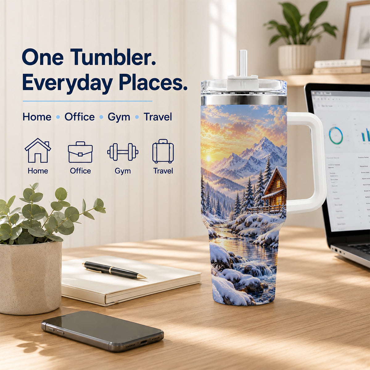 Snowy Cabin 40oz Tumbler with Handle, Mountain Winter Travel Cup
