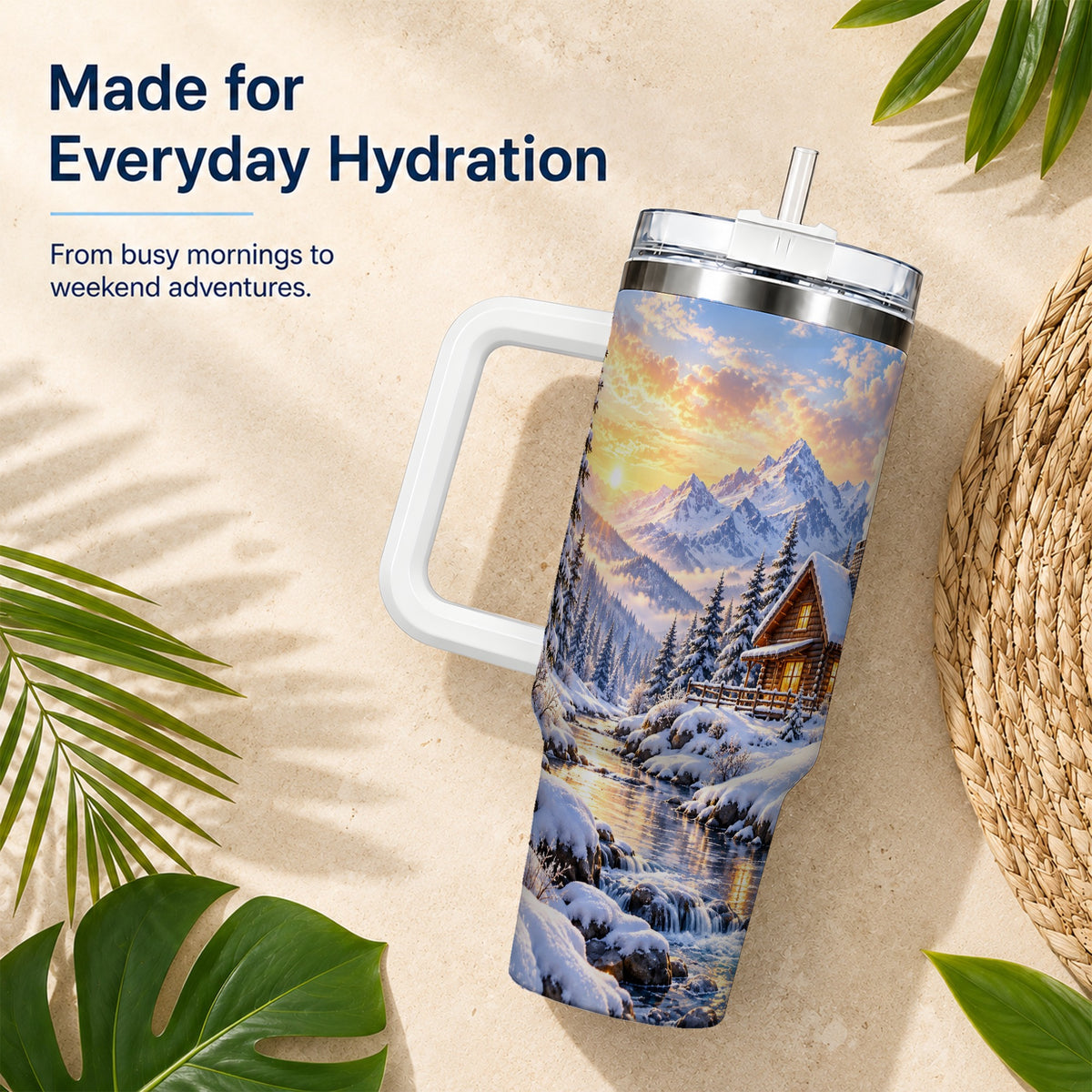 Snowy Cabin 40oz Tumbler with Handle, Mountain Winter Travel Cup
