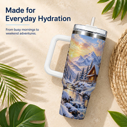 Snowy Cabin 40oz Tumbler with Handle, Mountain Winter Travel Cup