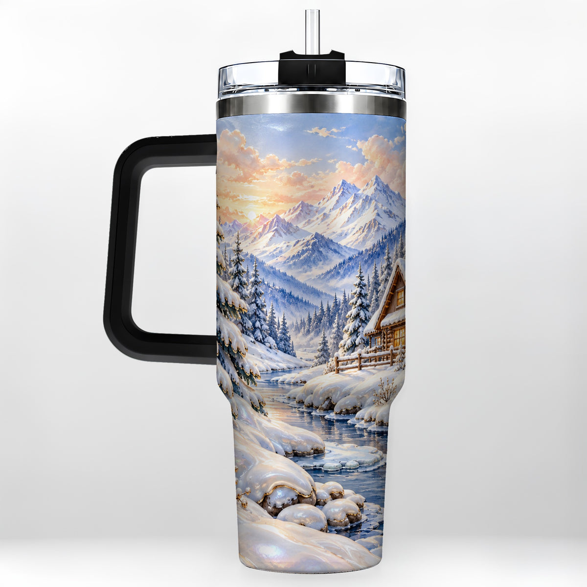#pl[40oz|Black] Winter Cabin 40oz Tumbler with Handle, Snowy Mountain Travel Cup