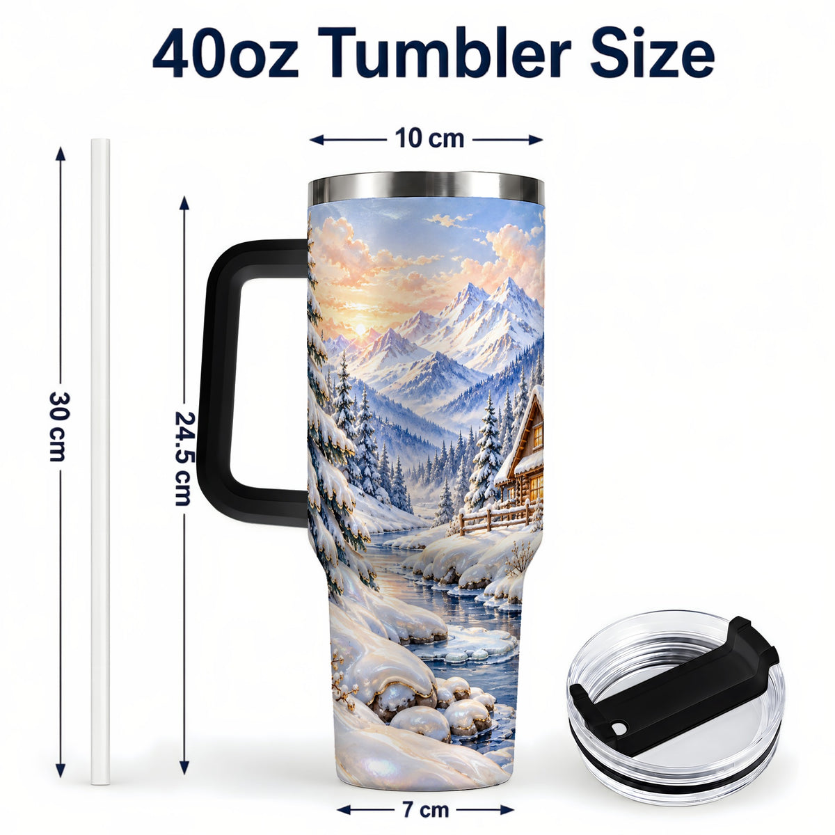 #pl[40oz|Black] Winter Cabin 40oz Tumbler with Handle, Snowy Mountain Travel Cup