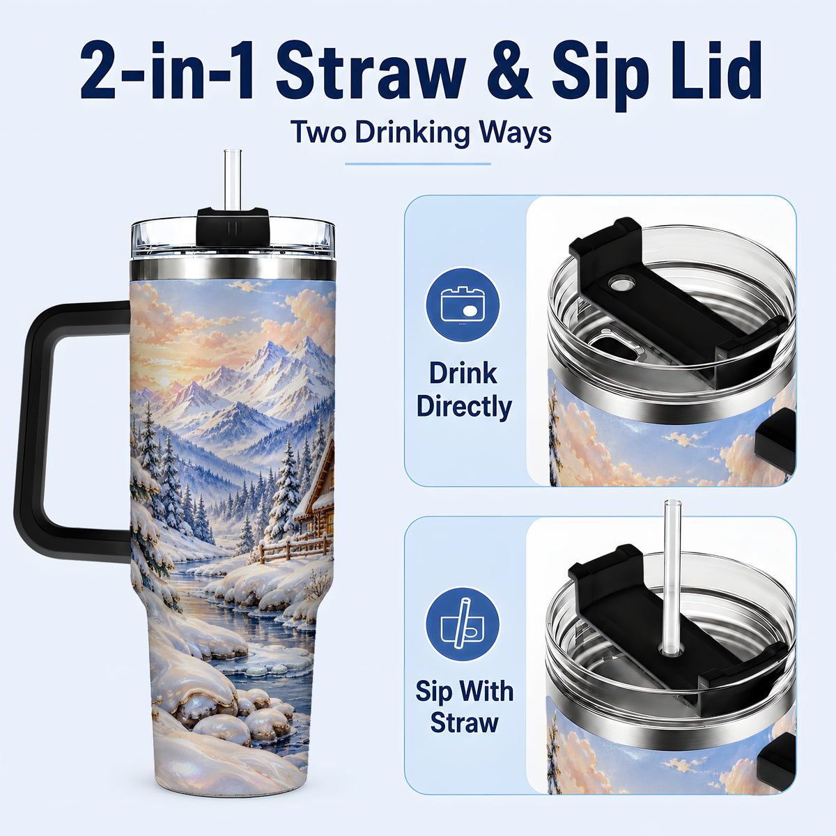 #pl[40oz|Black] Winter Cabin 40oz Tumbler with Handle, Snowy Mountain Travel Cup