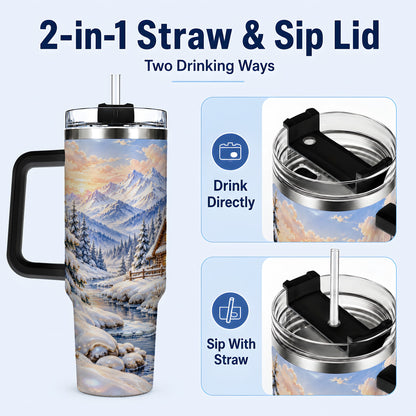 #pl[40oz|Black] Winter Cabin 40oz Tumbler with Handle, Snowy Mountain Travel Cup
