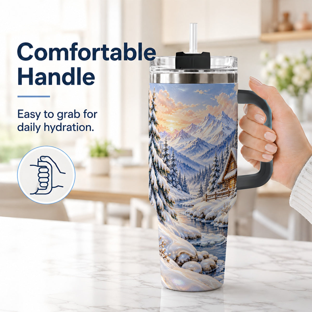 #pl[40oz|Black] Winter Cabin 40oz Tumbler with Handle, Snowy Mountain Travel Cup