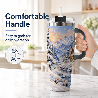 #pl[40oz|Black] Winter Cabin 40oz Tumbler with Handle, Snowy Mountain Travel Cup