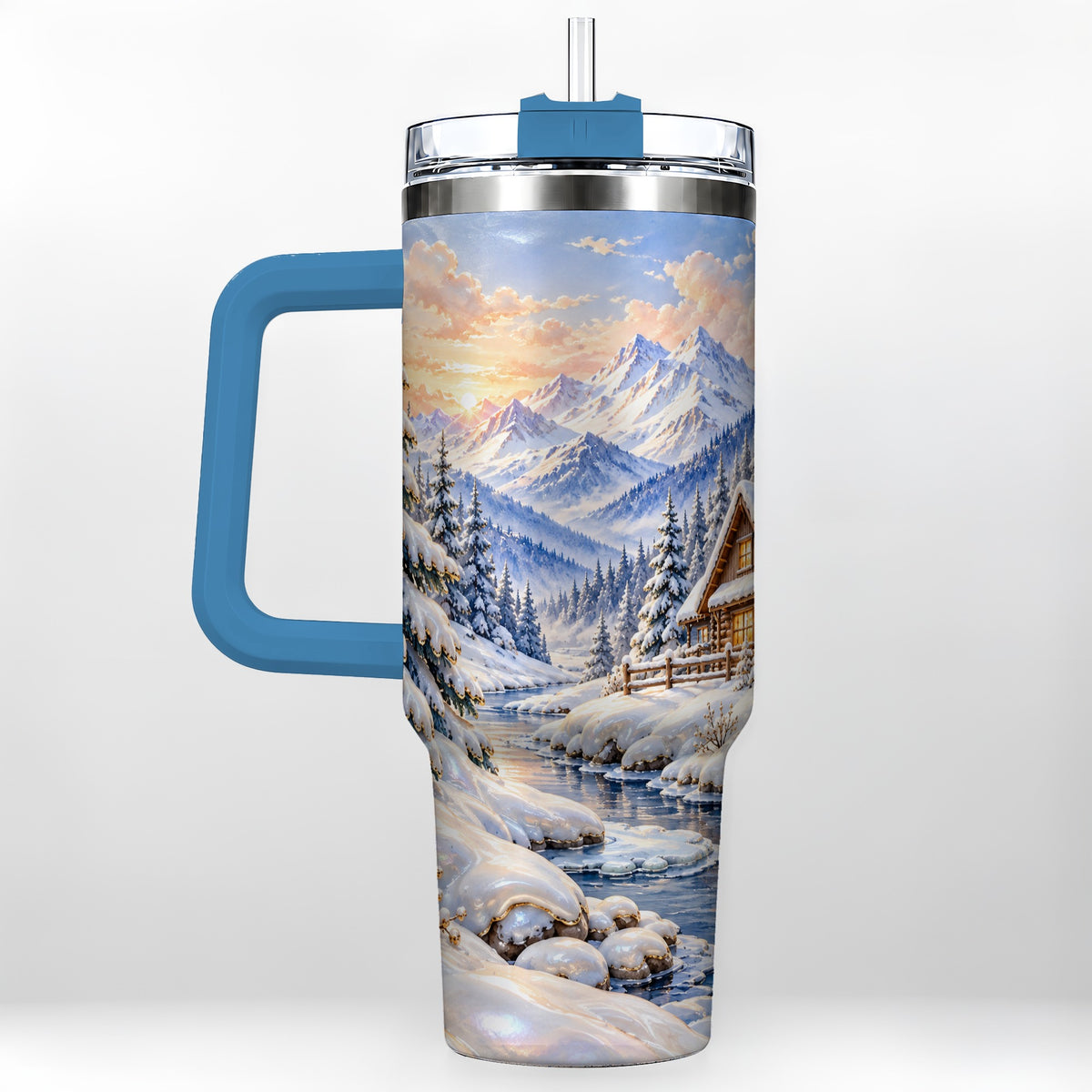#pl[40oz|Blue] Winter Cabin 40oz Tumbler with Handle, Snowy Mountain Travel Cup