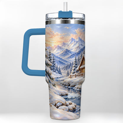 #pl[40oz|Blue] Winter Cabin 40oz Tumbler with Handle, Snowy Mountain Travel Cup