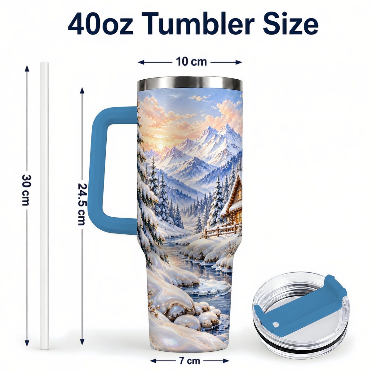 #pl[40oz|Blue] Winter Cabin 40oz Tumbler with Handle, Snowy Mountain Travel Cup