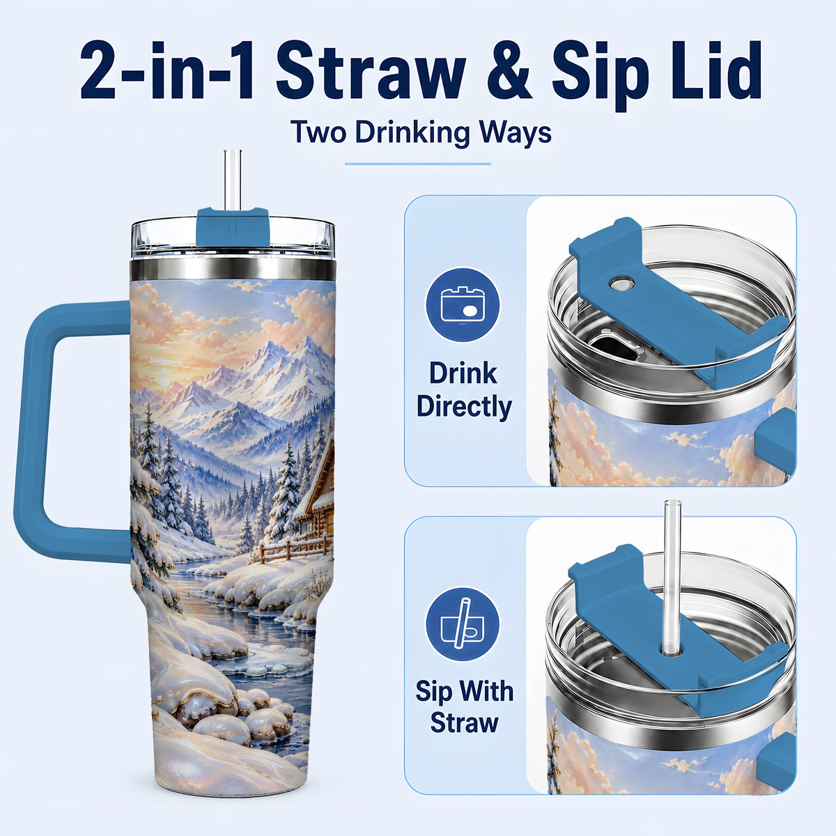 #pl[40oz|Blue] Winter Cabin 40oz Tumbler with Handle, Snowy Mountain Travel Cup