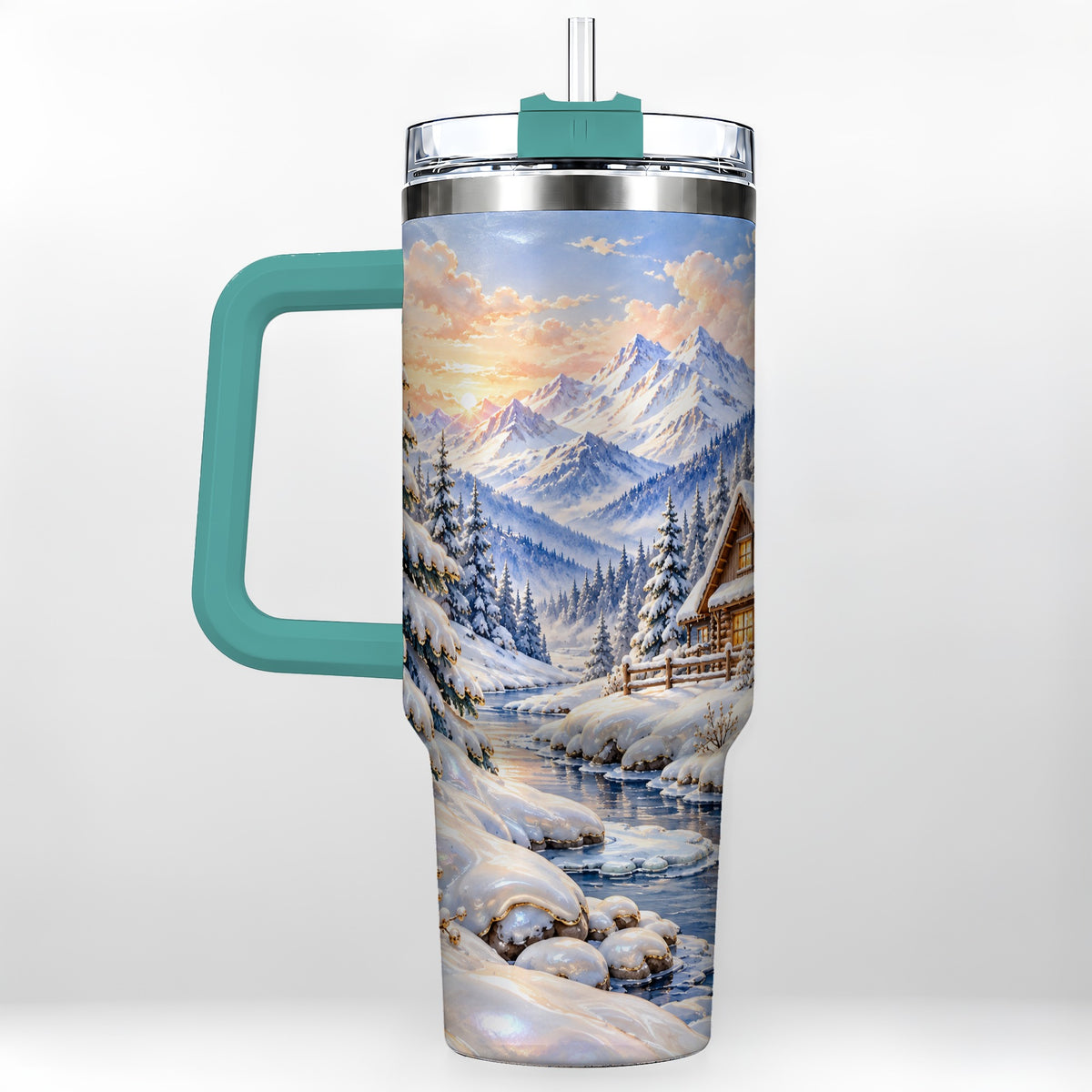 #pl[40oz|Green] Winter Cabin 40oz Tumbler with Handle, Snowy Mountain Travel Cup
