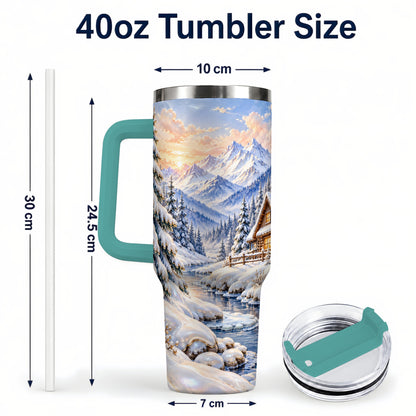 #pl[40oz|Green] Winter Cabin 40oz Tumbler with Handle, Snowy Mountain Travel Cup