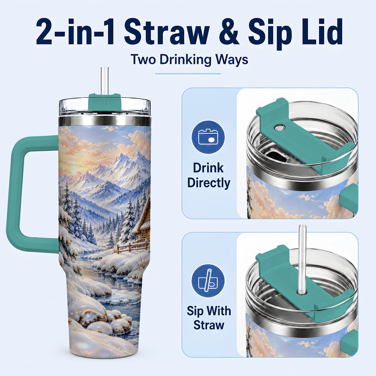 #pl[40oz|Green] Winter Cabin 40oz Tumbler with Handle, Snowy Mountain Travel Cup