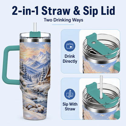 #pl[40oz|Green] Winter Cabin 40oz Tumbler with Handle, Snowy Mountain Travel Cup