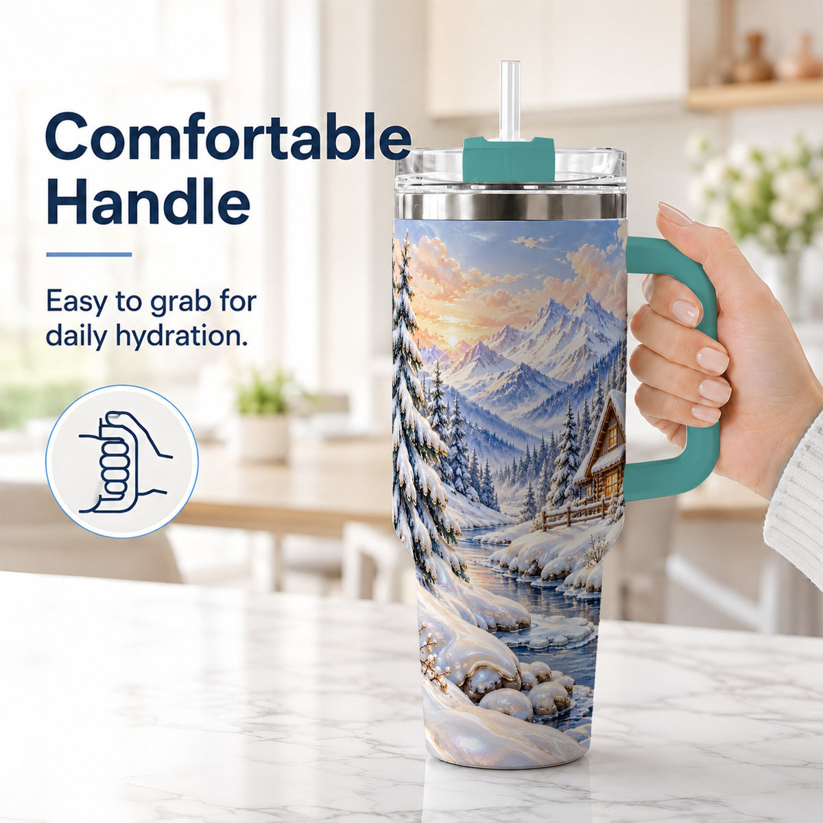 #pl[40oz|Green] Winter Cabin 40oz Tumbler with Handle, Snowy Mountain Travel Cup