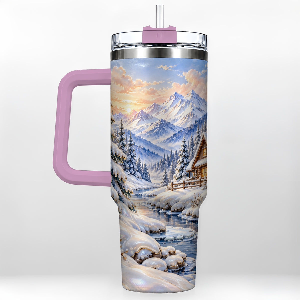#pl[40oz|Pink] Winter Cabin 40oz Tumbler with Handle, Snowy Mountain Travel Cup