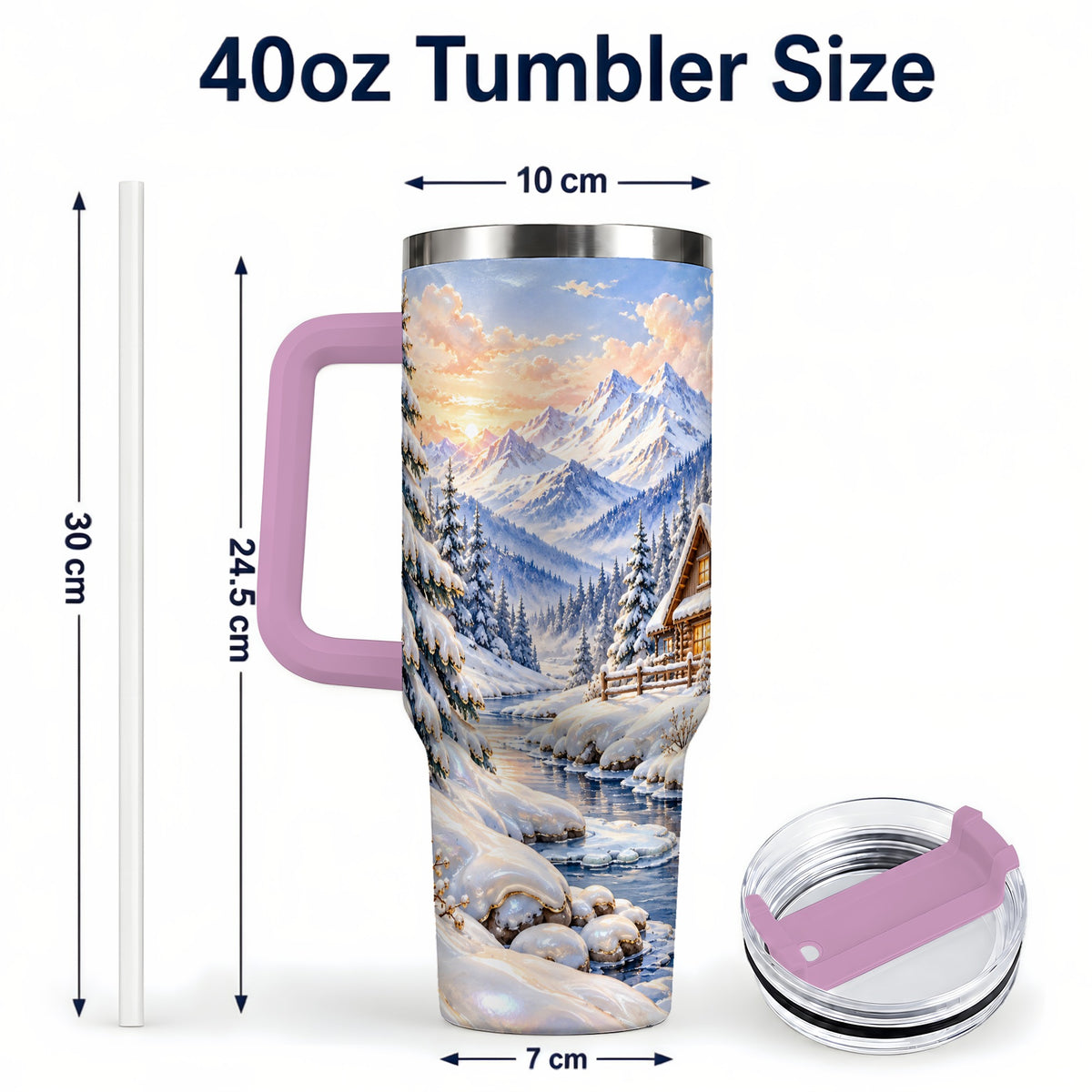 #pl[40oz|Pink] Winter Cabin 40oz Tumbler with Handle, Snowy Mountain Travel Cup