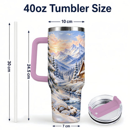 #pl[40oz|Pink] Winter Cabin 40oz Tumbler with Handle, Snowy Mountain Travel Cup