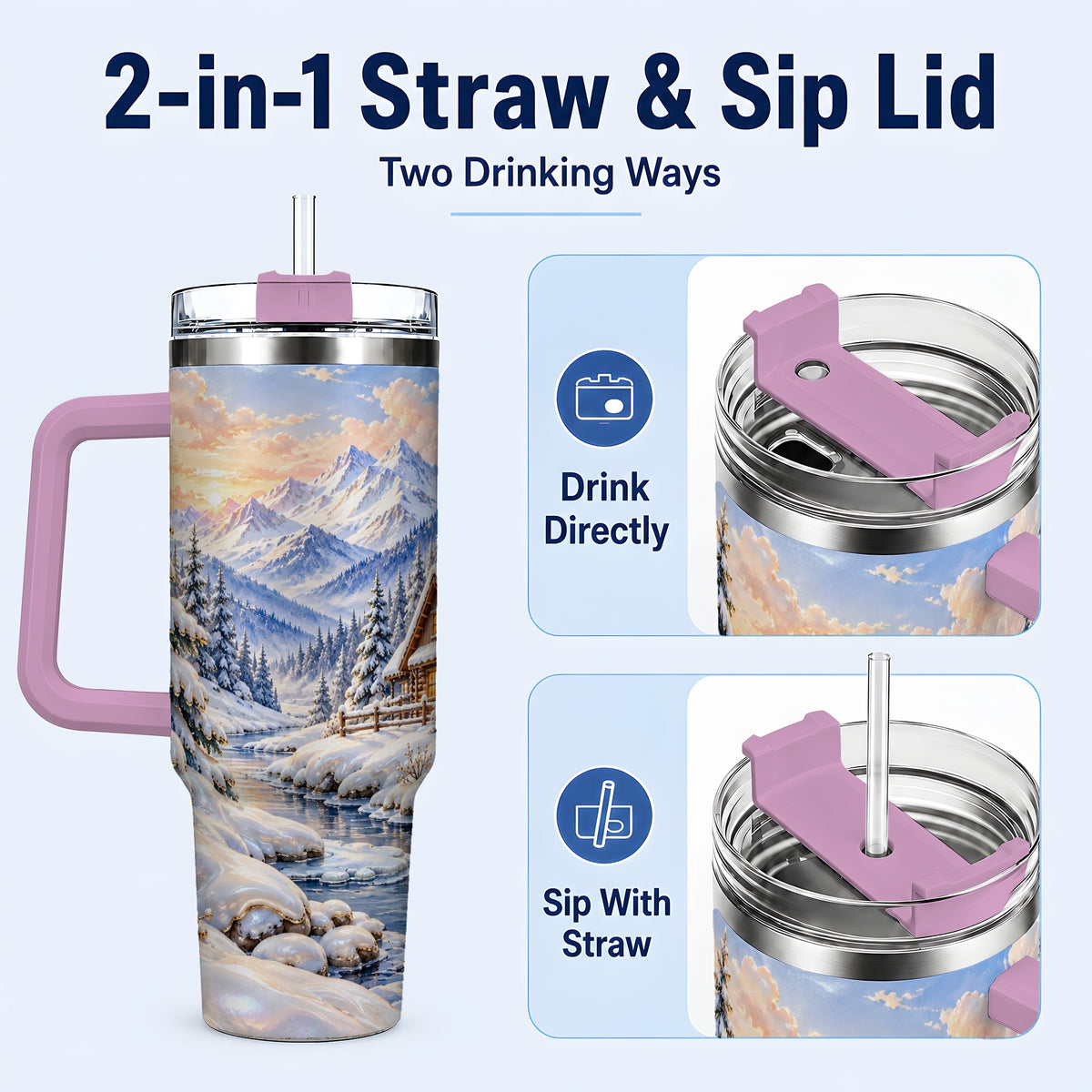 #pl[40oz|Pink] Winter Cabin 40oz Tumbler with Handle, Snowy Mountain Travel Cup
