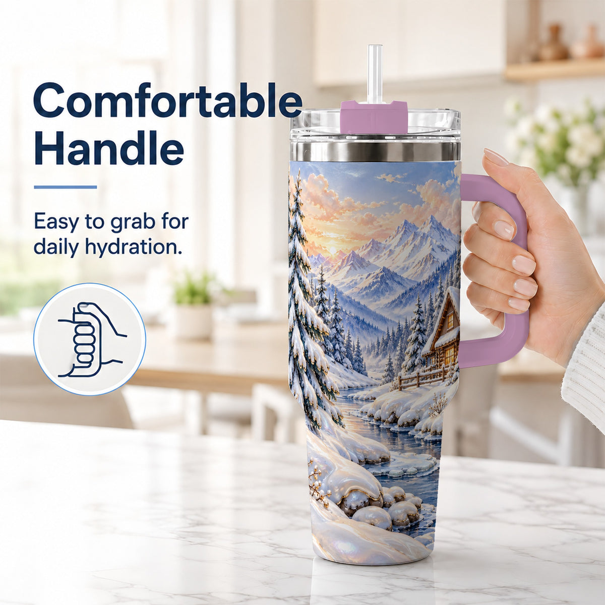 #pl[40oz|Pink] Winter Cabin 40oz Tumbler with Handle, Snowy Mountain Travel Cup