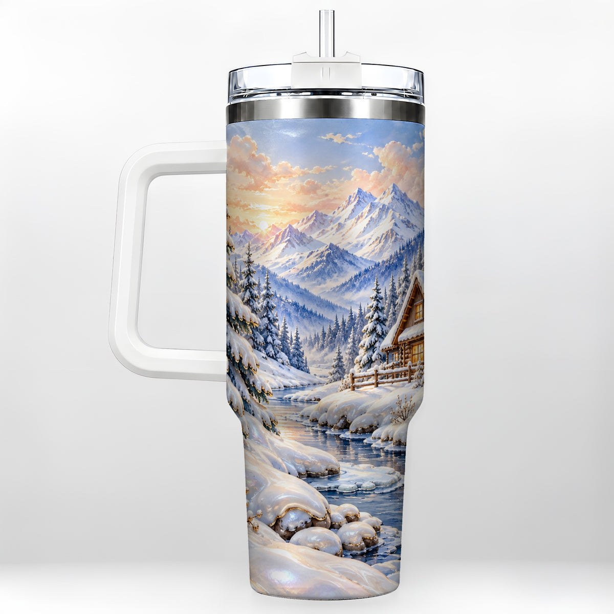 Winter Cabin 40oz Tumbler with Handle, Snowy Mountain Travel Cup