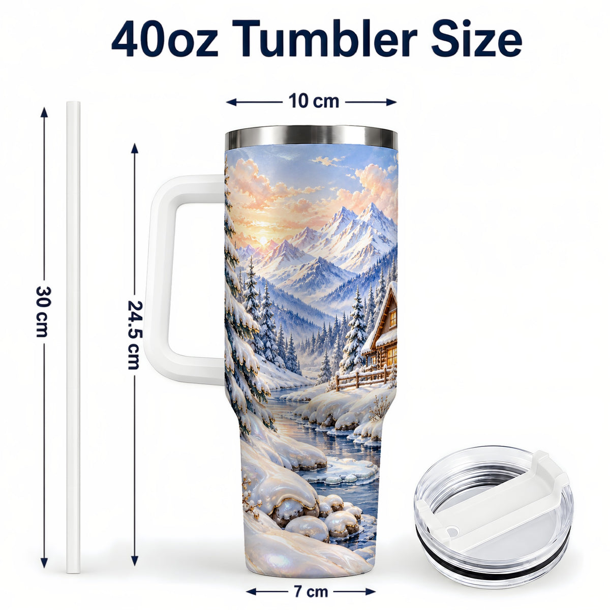 #pl[40oz|White] Winter Cabin 40oz Tumbler with Handle, Snowy Mountain Travel Cup