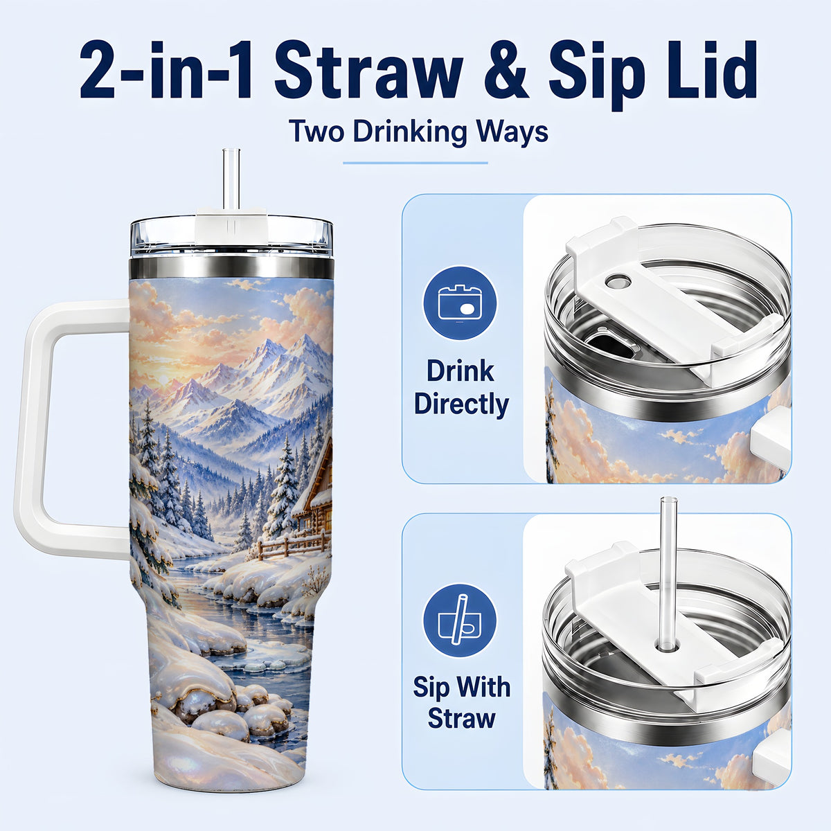 #pl[40oz|White] Winter Cabin 40oz Tumbler with Handle, Snowy Mountain Travel Cup