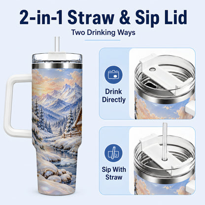 #pl[40oz|White] Winter Cabin 40oz Tumbler with Handle, Snowy Mountain Travel Cup