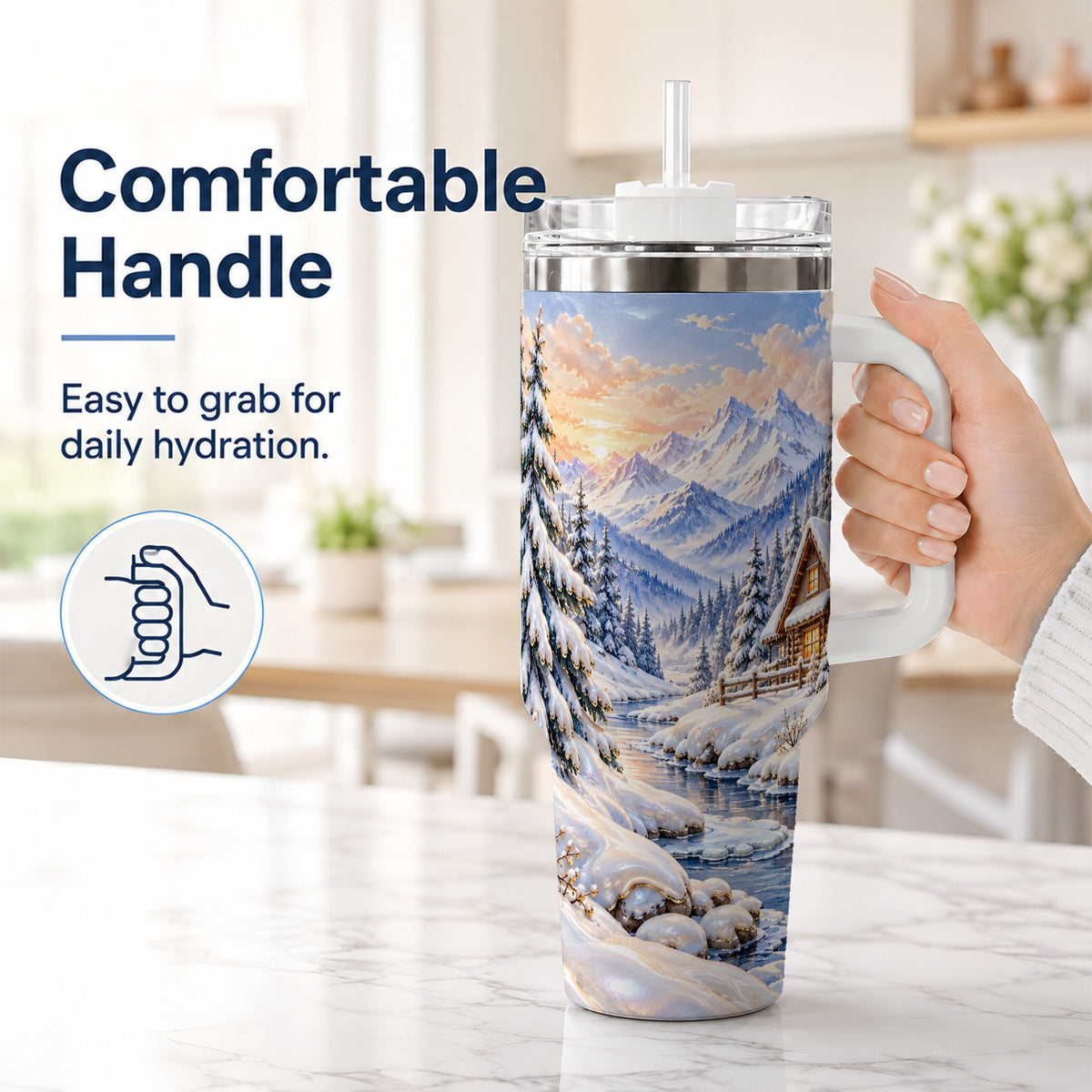 #pl[40oz|White] Winter Cabin 40oz Tumbler with Handle, Snowy Mountain Travel Cup