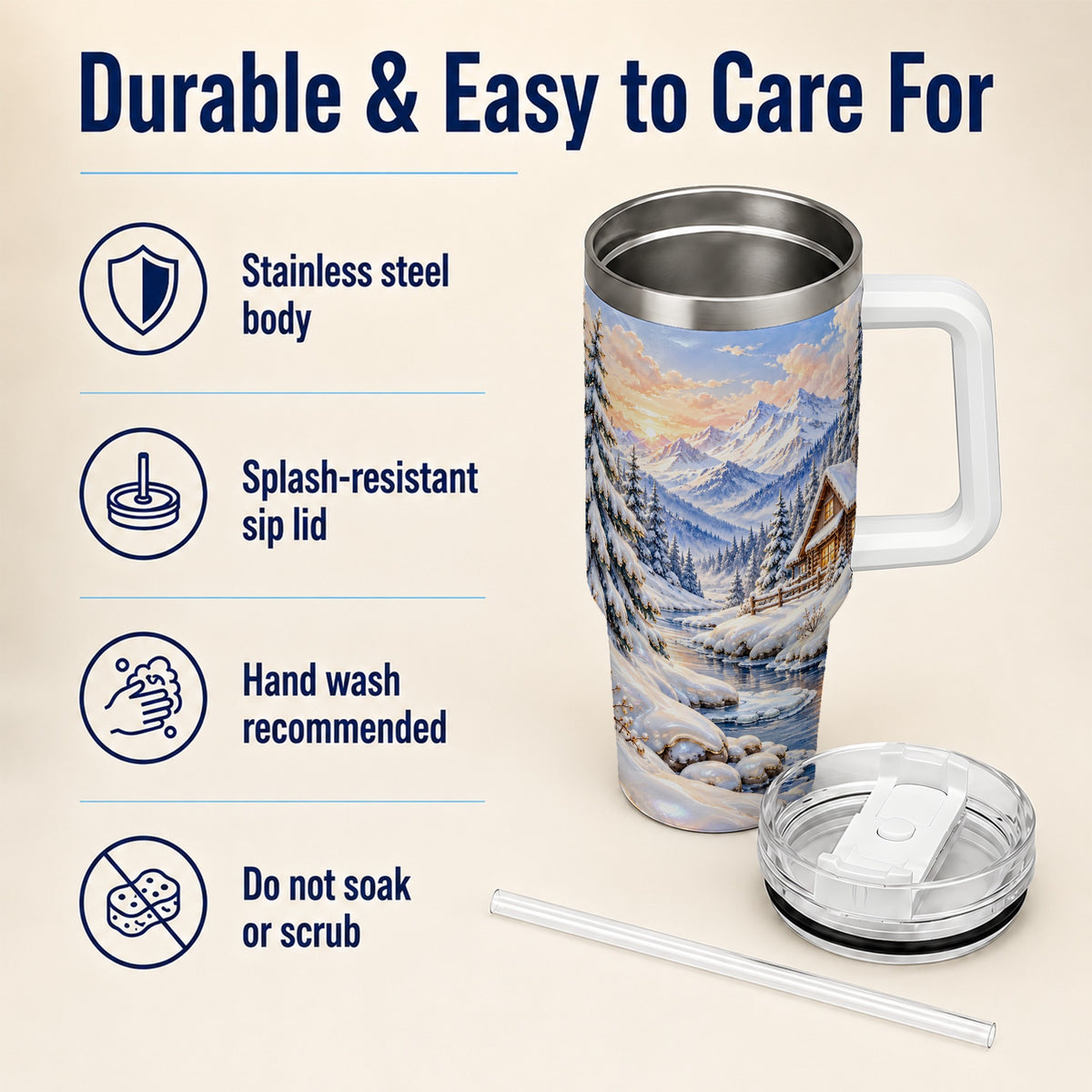 Winter Cabin 40oz Tumbler with Handle, Snowy Mountain Travel Cup