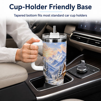 Winter Cabin 40oz Tumbler with Handle, Snowy Mountain Travel Cup