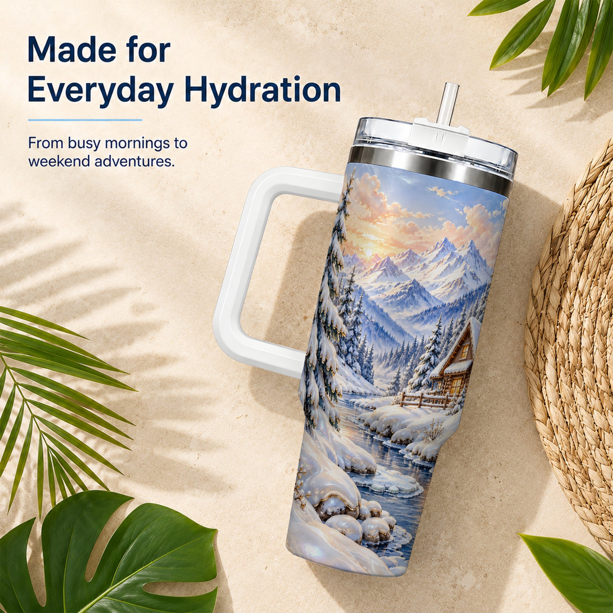 Winter Cabin 40oz Tumbler with Handle, Snowy Mountain Travel Cup