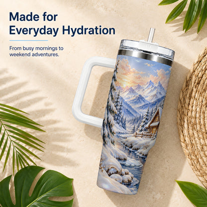 Winter Cabin 40oz Tumbler with Handle, Snowy Mountain Travel Cup