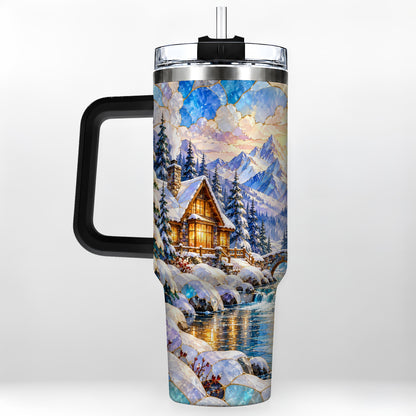 #pl[40oz|Black] Snowy Cabin 40oz Tumbler, Winter Scene Tumbler, Steel Travel Cup