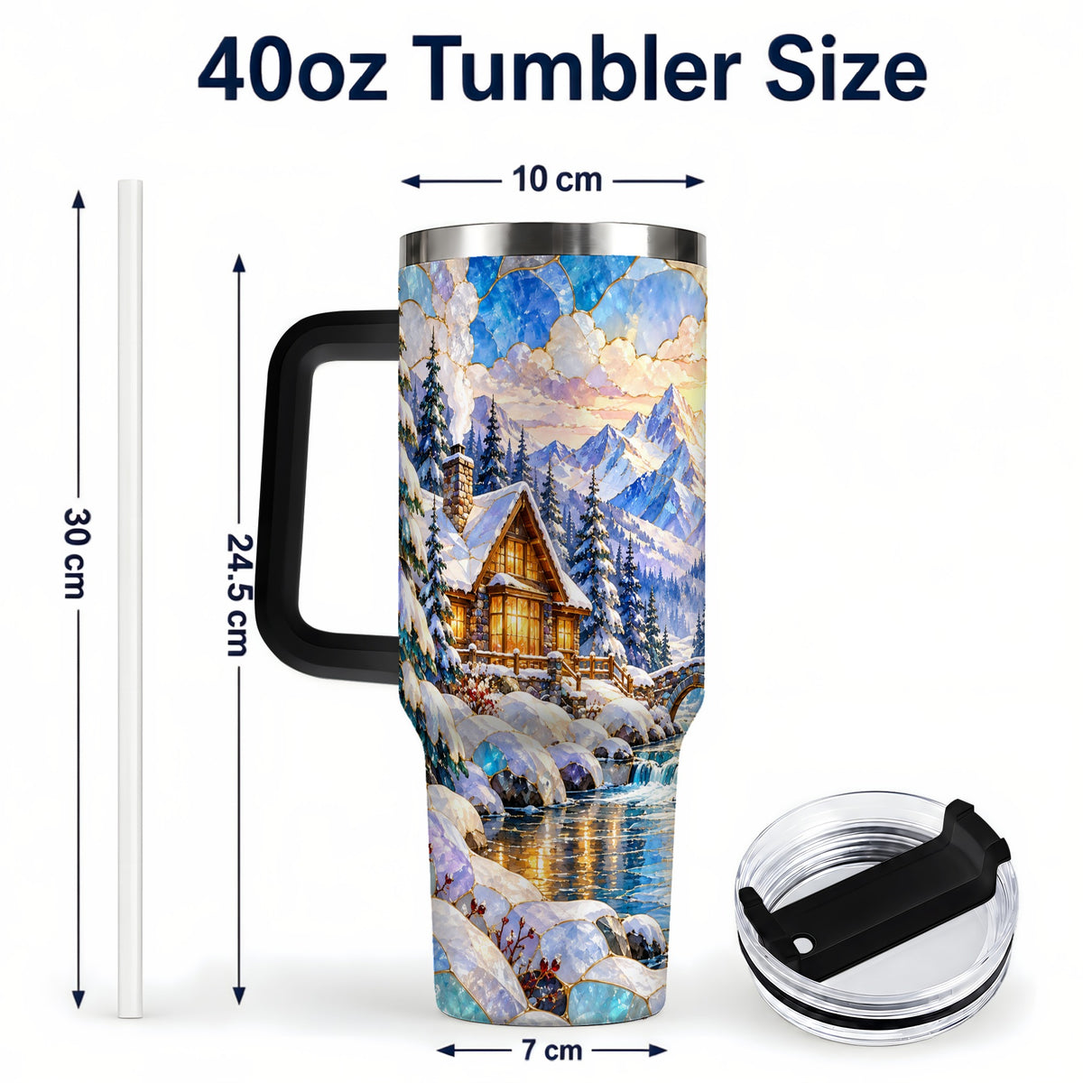 #pl[40oz|Black] Snowy Cabin 40oz Tumbler, Winter Scene Tumbler, Steel Travel Cup