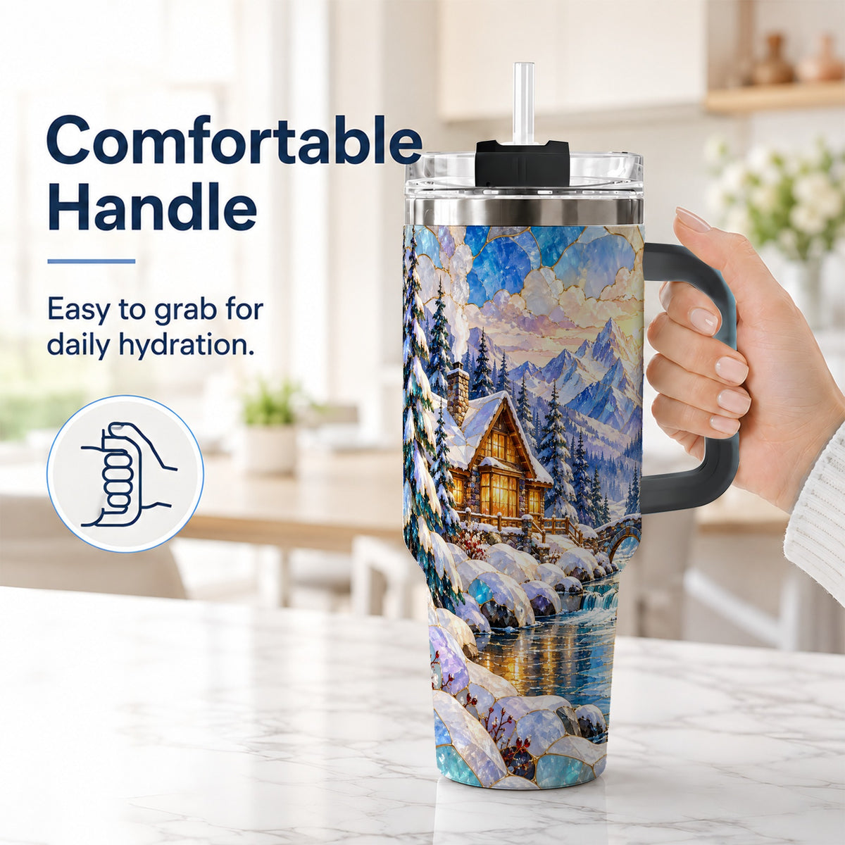 #pl[40oz|Black] Snowy Cabin 40oz Tumbler, Winter Scene Tumbler, Steel Travel Cup