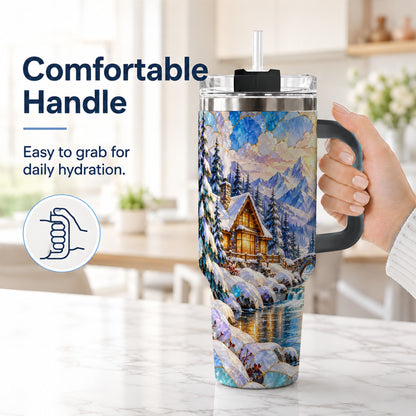 #pl[40oz|Black] Snowy Cabin 40oz Tumbler, Winter Scene Tumbler, Steel Travel Cup