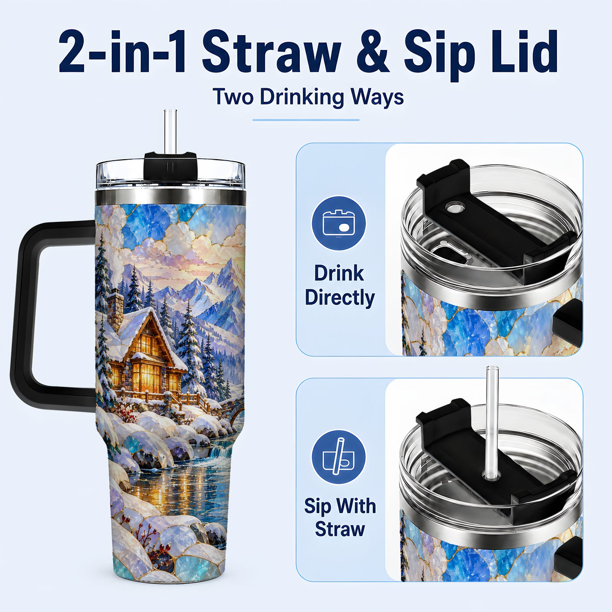 #pl[40oz|Black] Snowy Cabin 40oz Tumbler, Winter Scene Tumbler, Steel Travel Cup