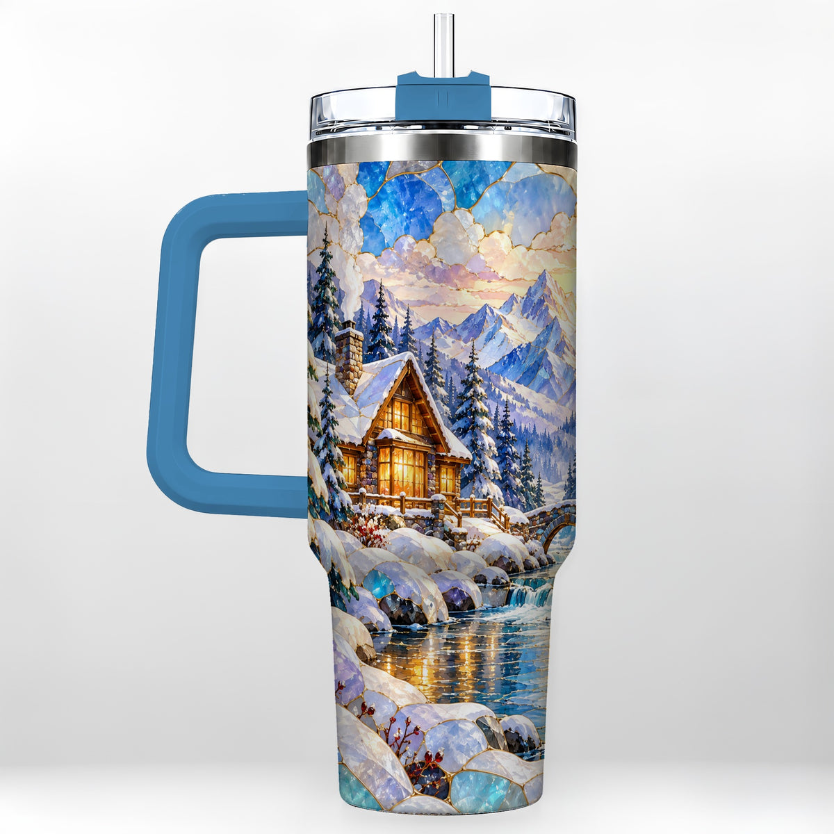 #pl[40oz|Blue] Snowy Cabin 40oz Tumbler, Winter Scene Tumbler, Steel Travel Cup