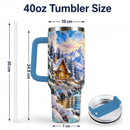 #pl[40oz|Blue] Snowy Cabin 40oz Tumbler, Winter Scene Tumbler, Steel Travel Cup