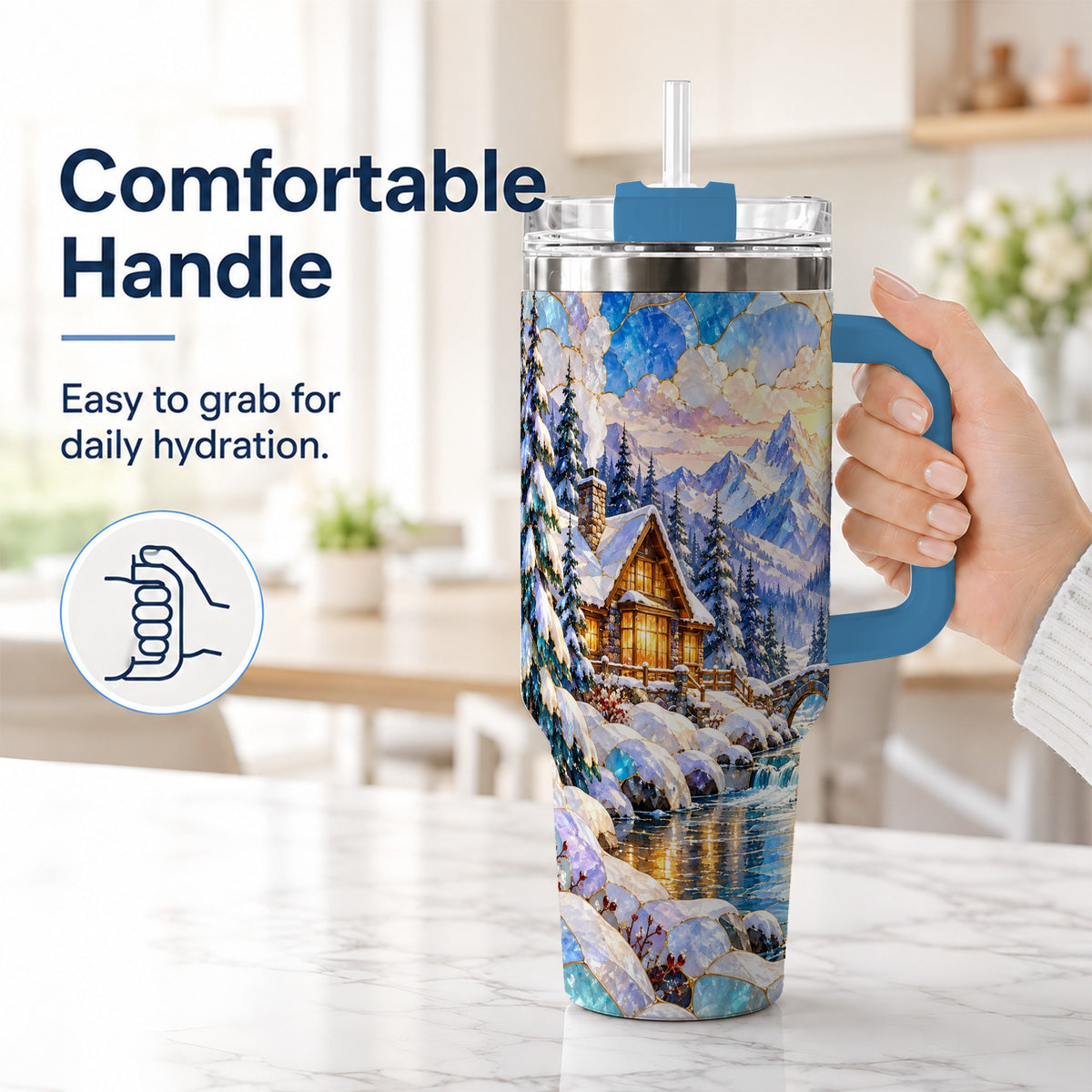 #pl[40oz|Blue] Snowy Cabin 40oz Tumbler, Winter Scene Tumbler, Steel Travel Cup