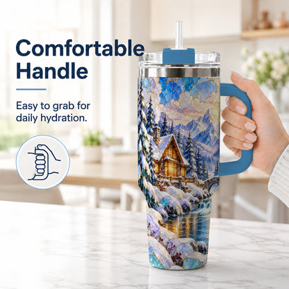 #pl[40oz|Blue] Snowy Cabin 40oz Tumbler, Winter Scene Tumbler, Steel Travel Cup