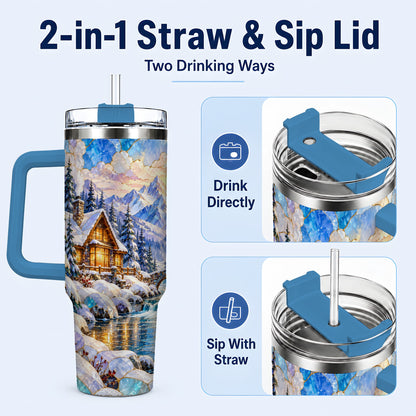 #pl[40oz|Blue] Snowy Cabin 40oz Tumbler, Winter Scene Tumbler, Steel Travel Cup