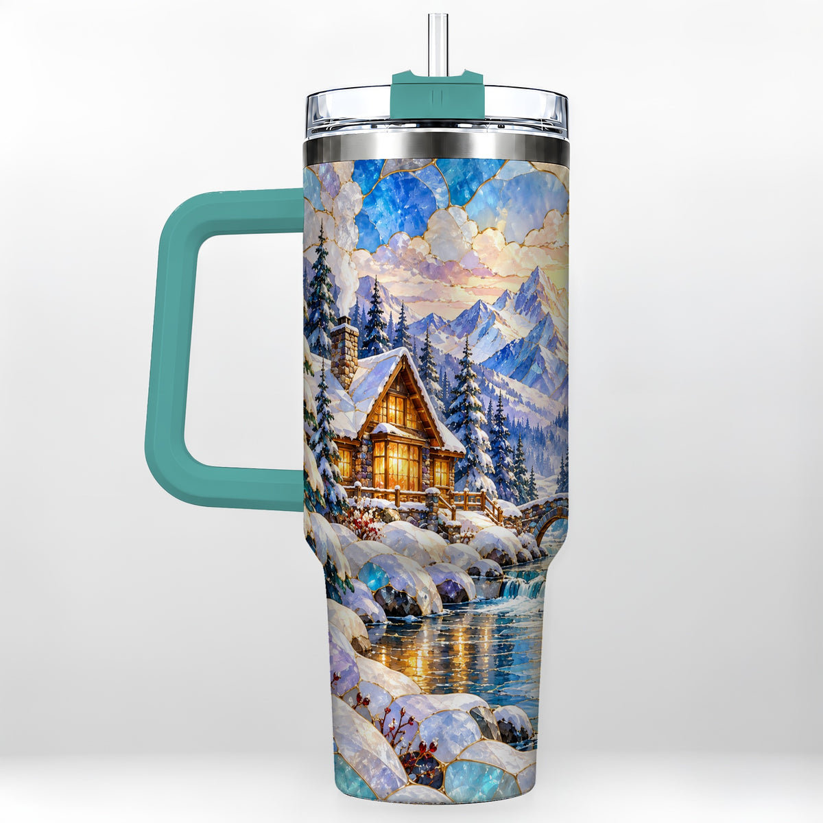 #pl[40oz|Green] Snowy Cabin 40oz Tumbler, Winter Scene Tumbler, Steel Travel Cup