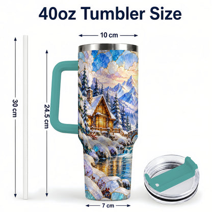 #pl[40oz|Green] Snowy Cabin 40oz Tumbler, Winter Scene Tumbler, Steel Travel Cup