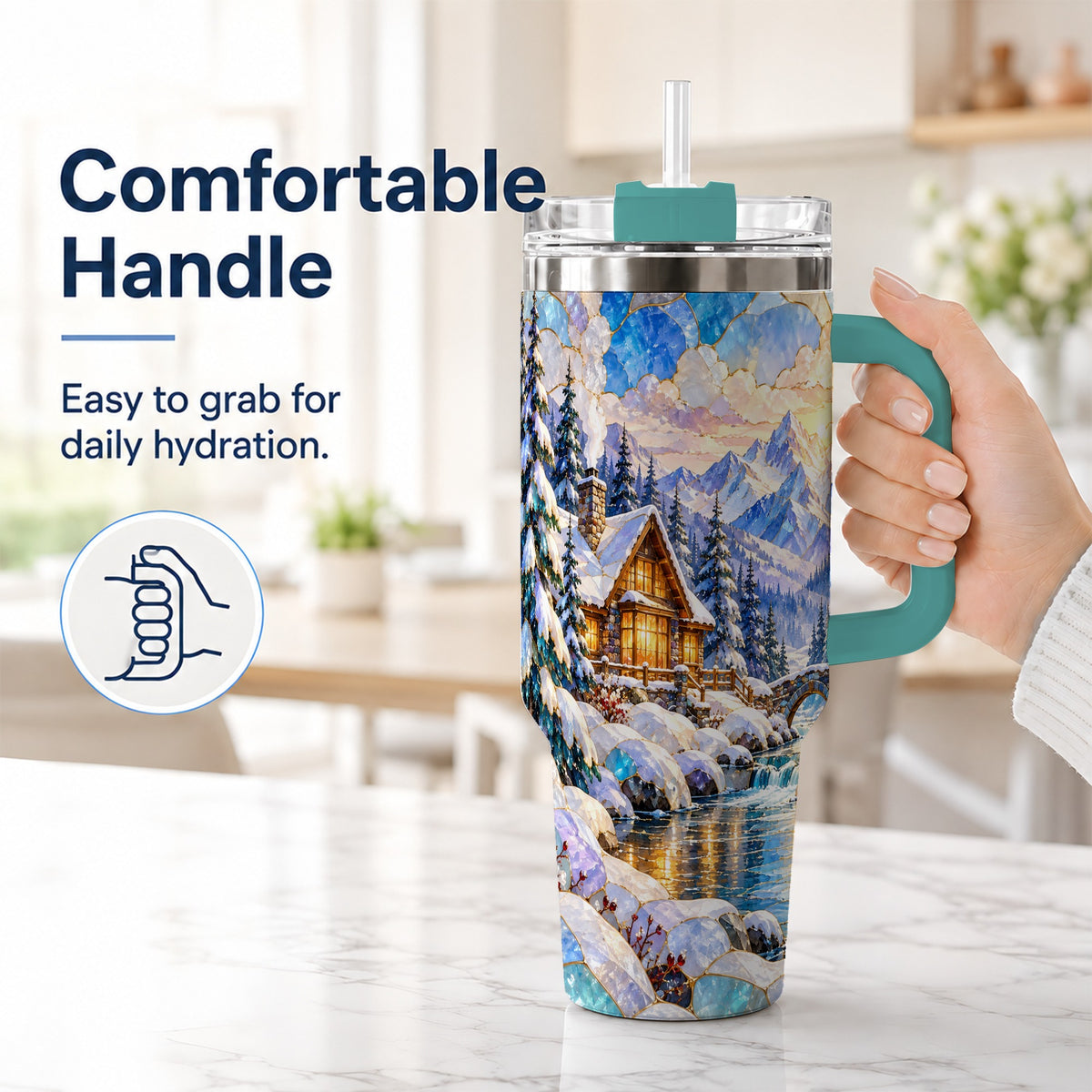#pl[40oz|Green] Snowy Cabin 40oz Tumbler, Winter Scene Tumbler, Steel Travel Cup
