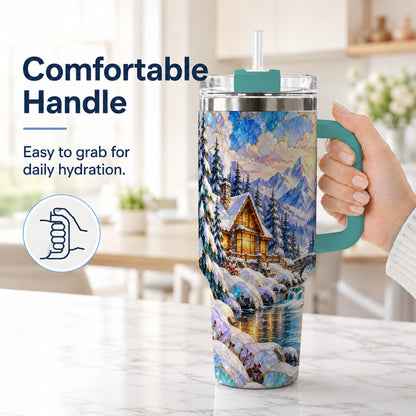 #pl[40oz|Green] Snowy Cabin 40oz Tumbler, Winter Scene Tumbler, Steel Travel Cup