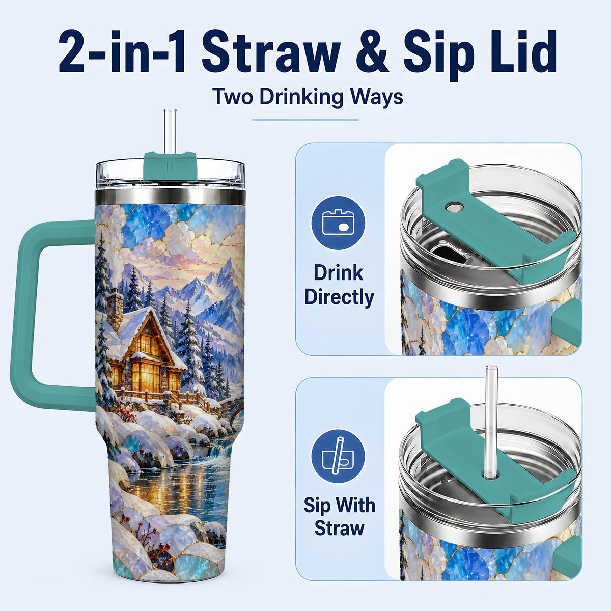 #pl[40oz|Green] Snowy Cabin 40oz Tumbler, Winter Scene Tumbler, Steel Travel Cup